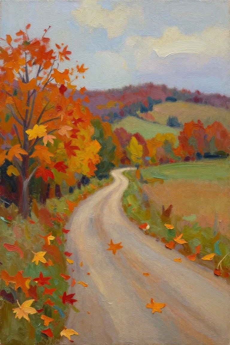Winding autumn road curves past vibrant orange and red trees with fallen leaves