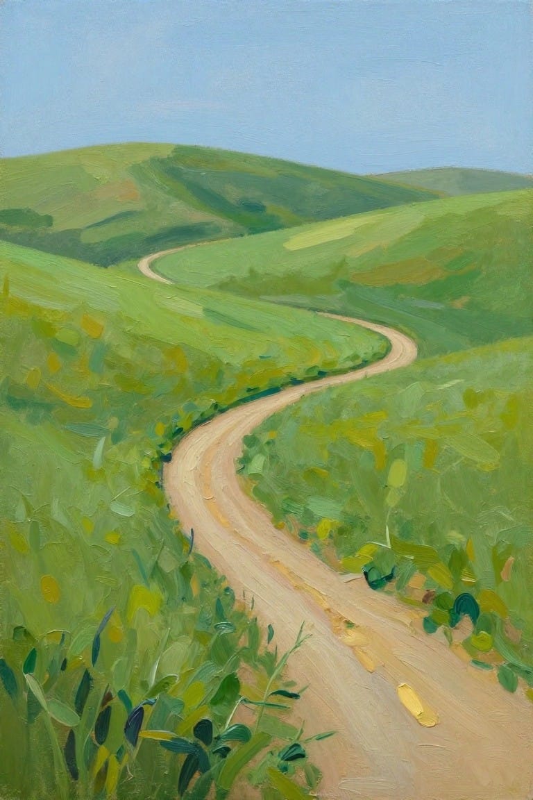 Winding dirt path curving through lush green hills under blue sky, impressionistic oil painting