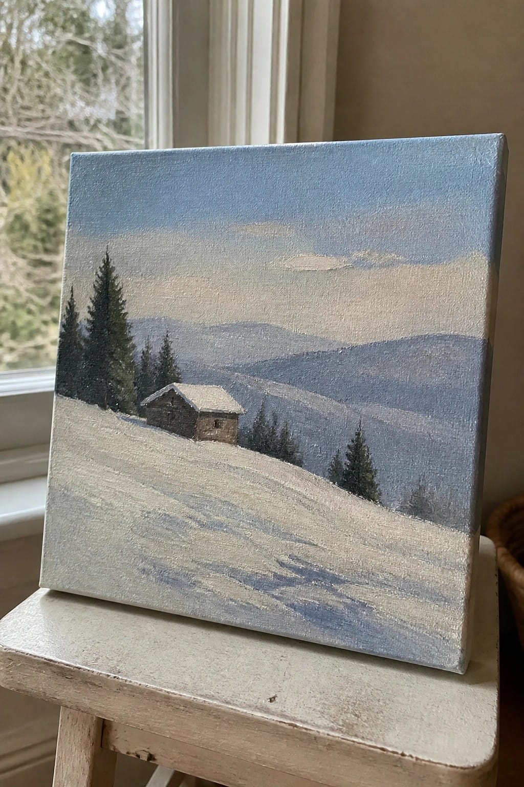 Small canvas painting of snowy cabin amid pines and mountains, on wooden stool.
