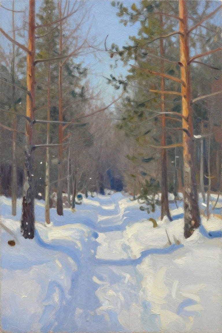 An oil painting of a snow-covered path winding through tall pine trees with brown trunks under a blue sky.