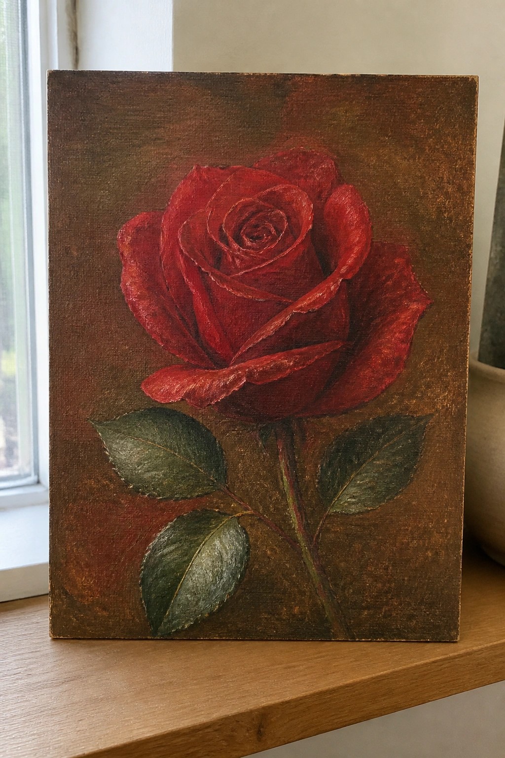 Realistic painting of a blooming red rose with green leaves on brown background