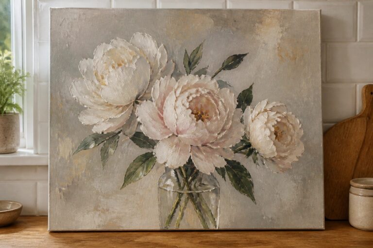 Three peonies in glass jar on wooden table, soft oil painting