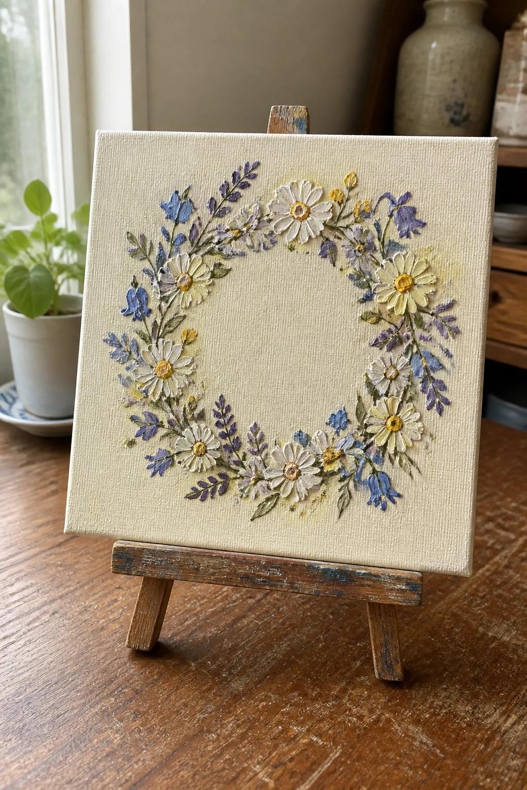 Cream canvas on wooden easel with daisy and blue flower wreath.