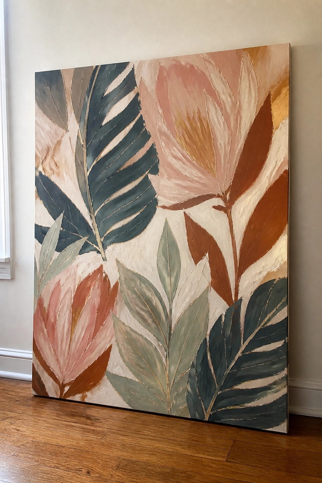 Large abstract painting with tropical leaves and flowers in pink, teal, and brown tones