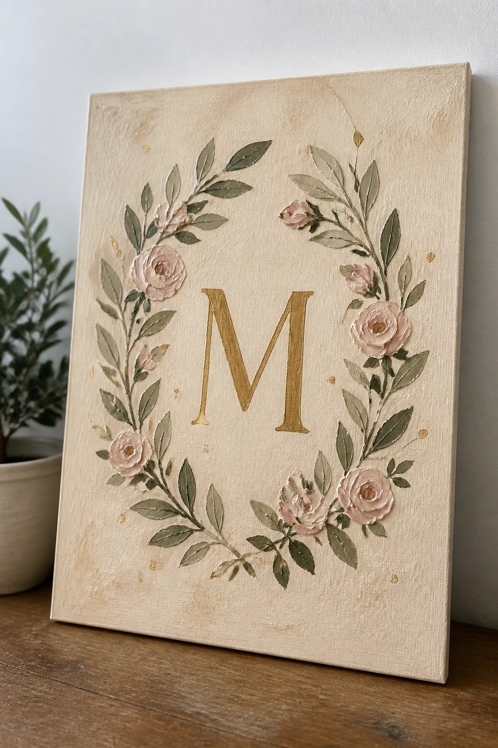 Beige canvas with pink rose wreath encircling large gold letter M on textured background