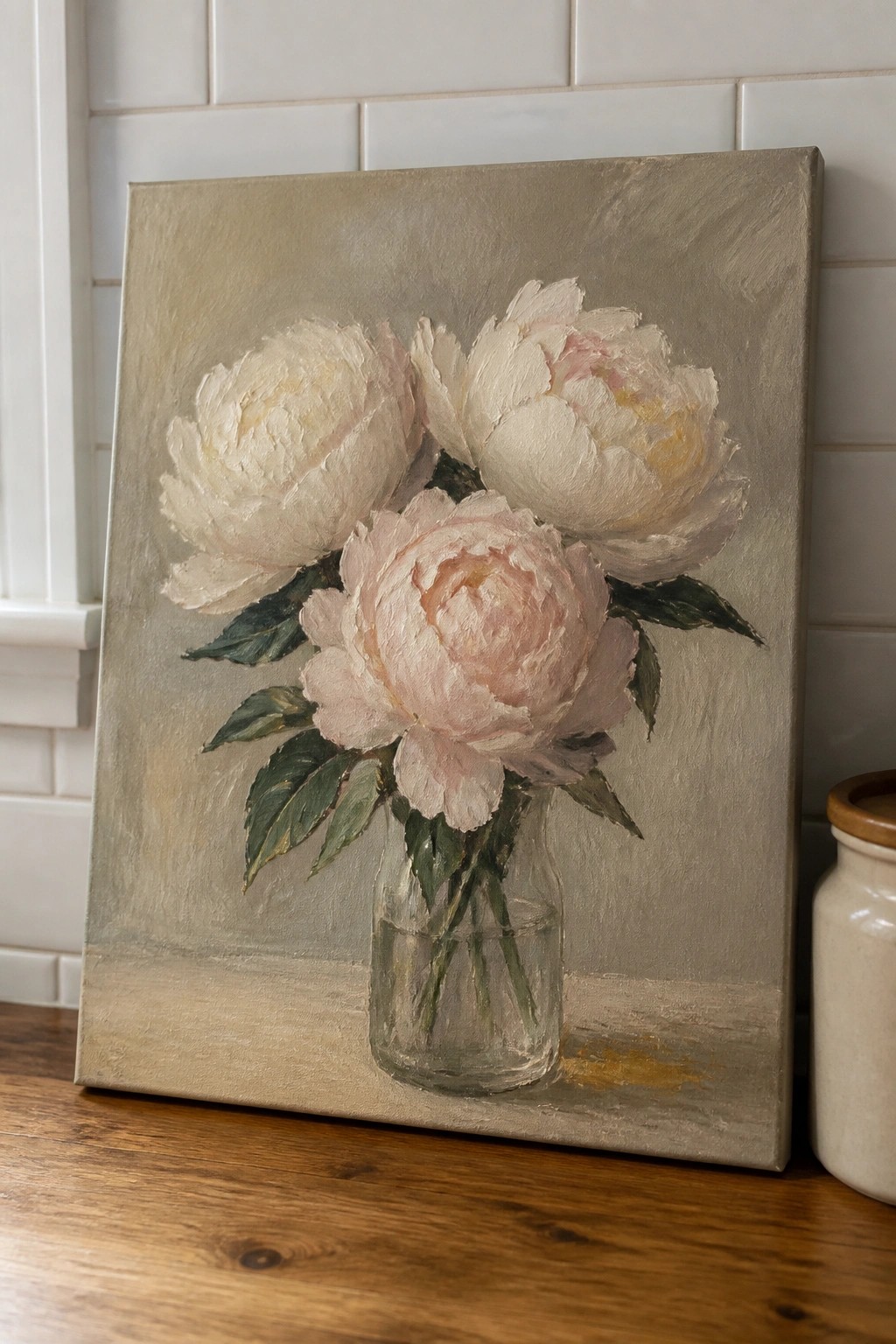 Three peonies in glass jar on wooden table, soft oil painting