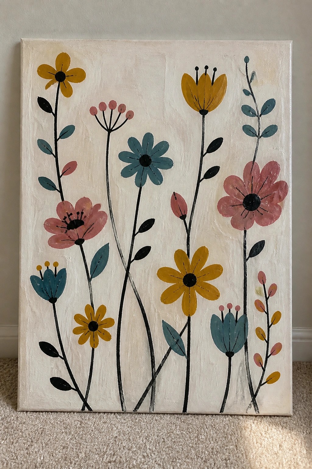 Colorful abstract floral painting with yellow, pink, and teal flowers on white canvas.