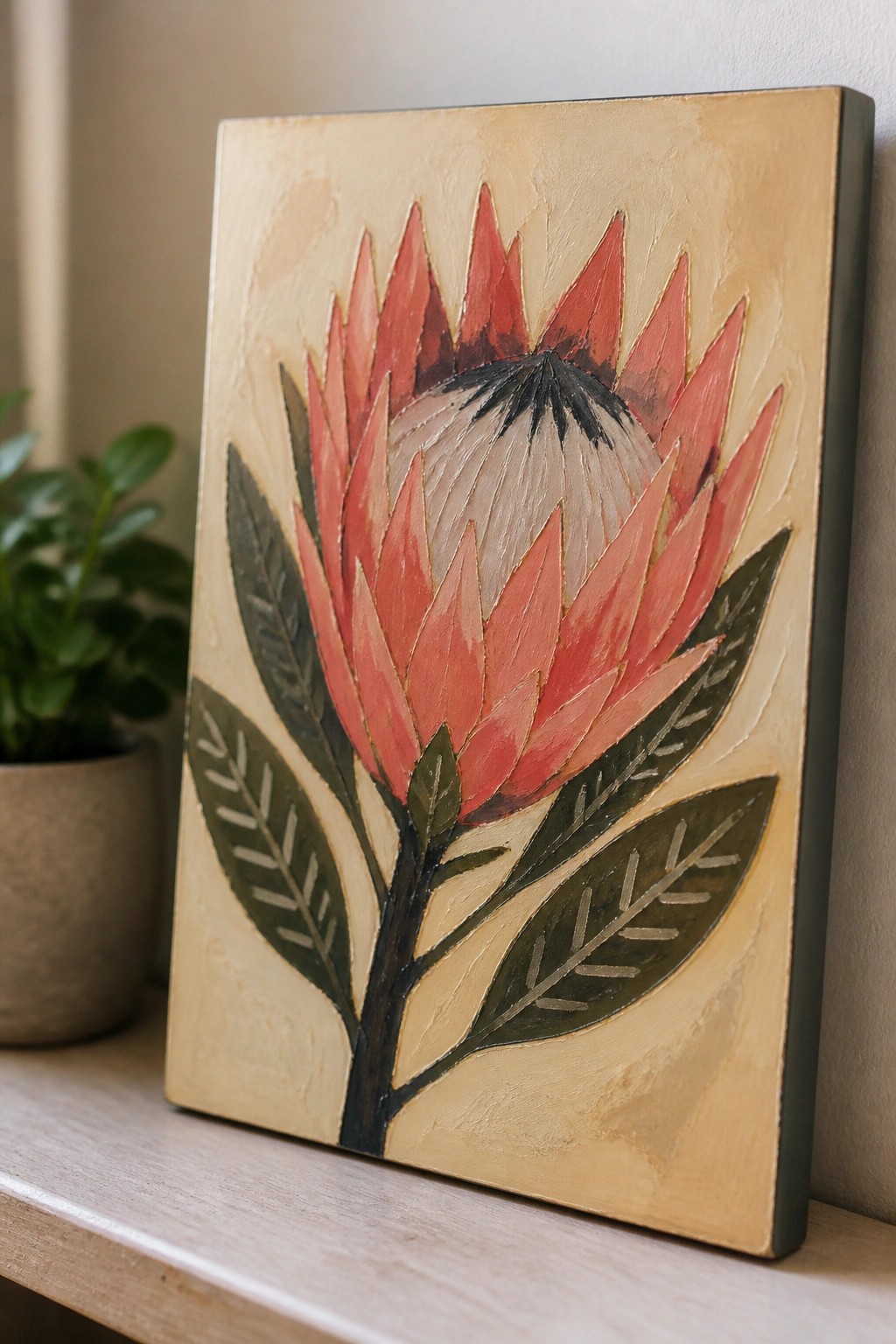 Textured painting of a pink protea flower with green leaves on beige canvas