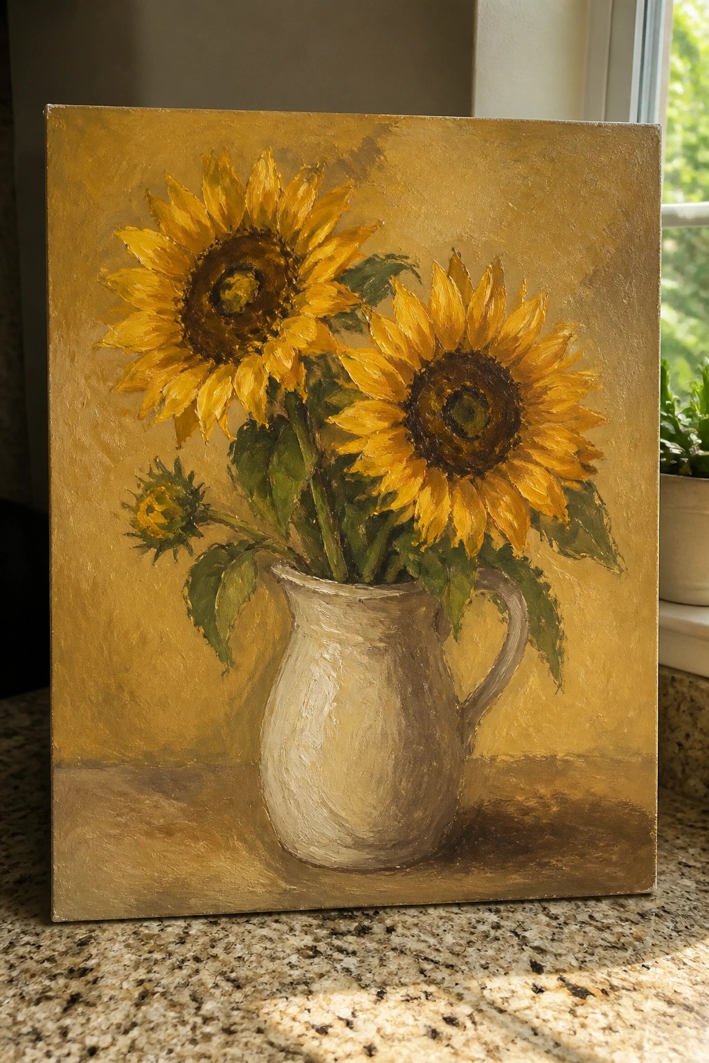 Oil painting of two sunflowers and a bud in a white pitcher on gold background