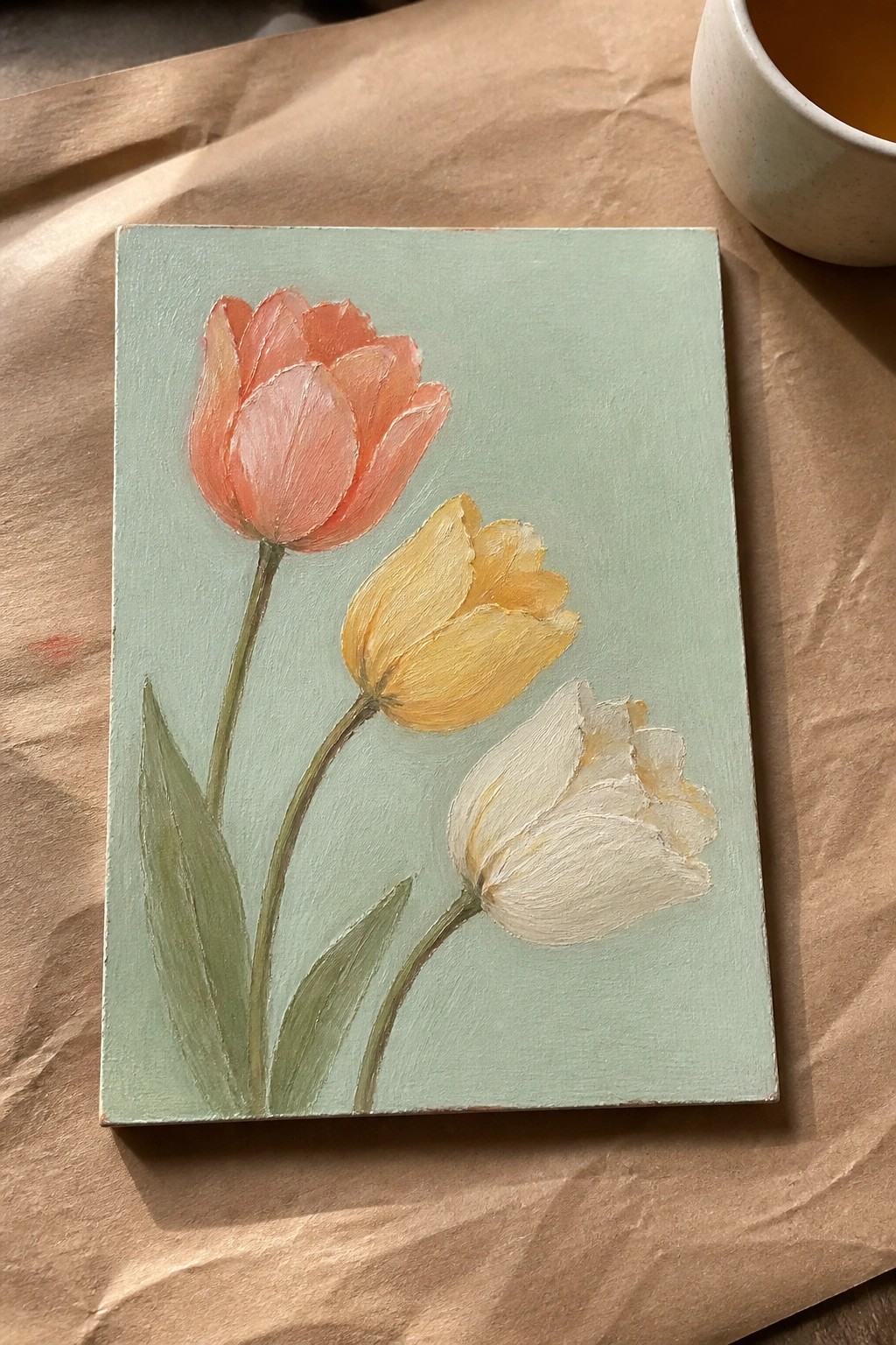 Three tulips in coral, yellow, and white on mint green canvas beside a cup