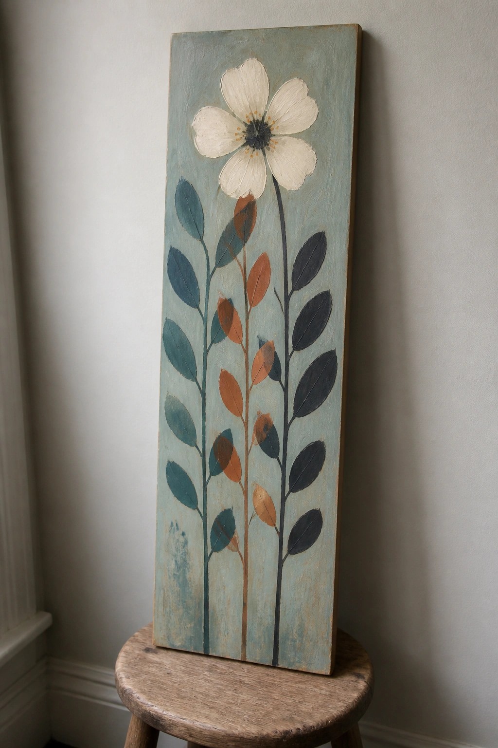 Tall painting of white flower with teal and orange leaves on wooden stool
