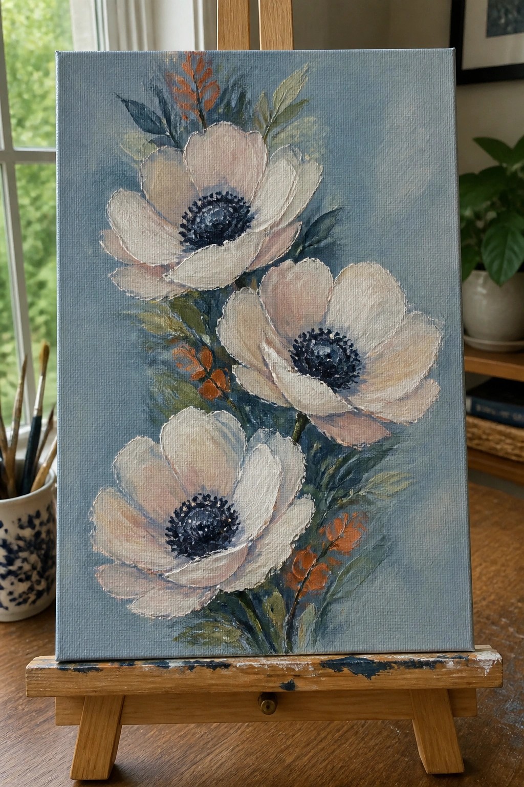 An oil painting of three white flowers with dark centers and green leaves on a blue background sits on a wooden easel.