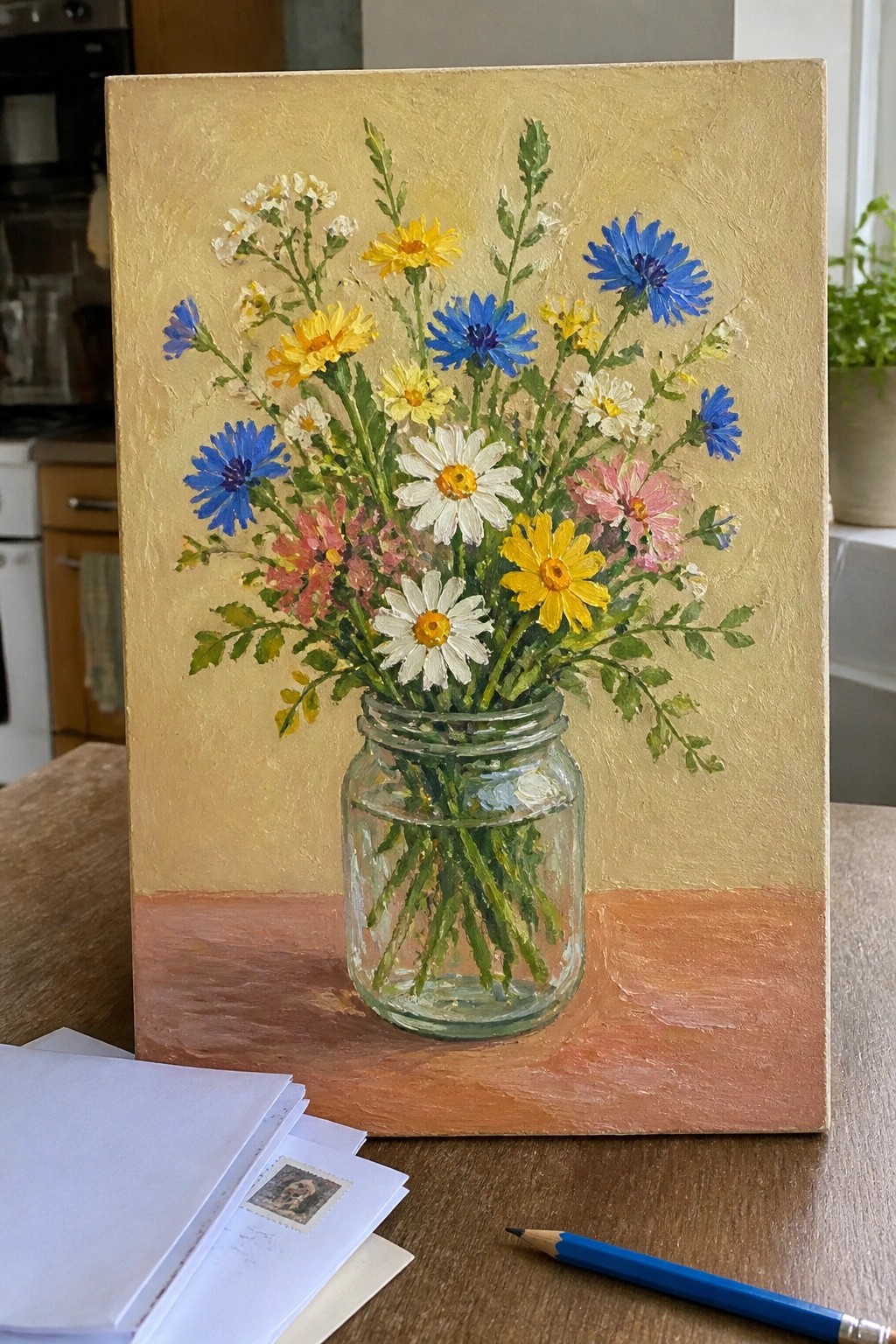 Colorful wildflowers in glass jar painting with papers and blue pencil on table.