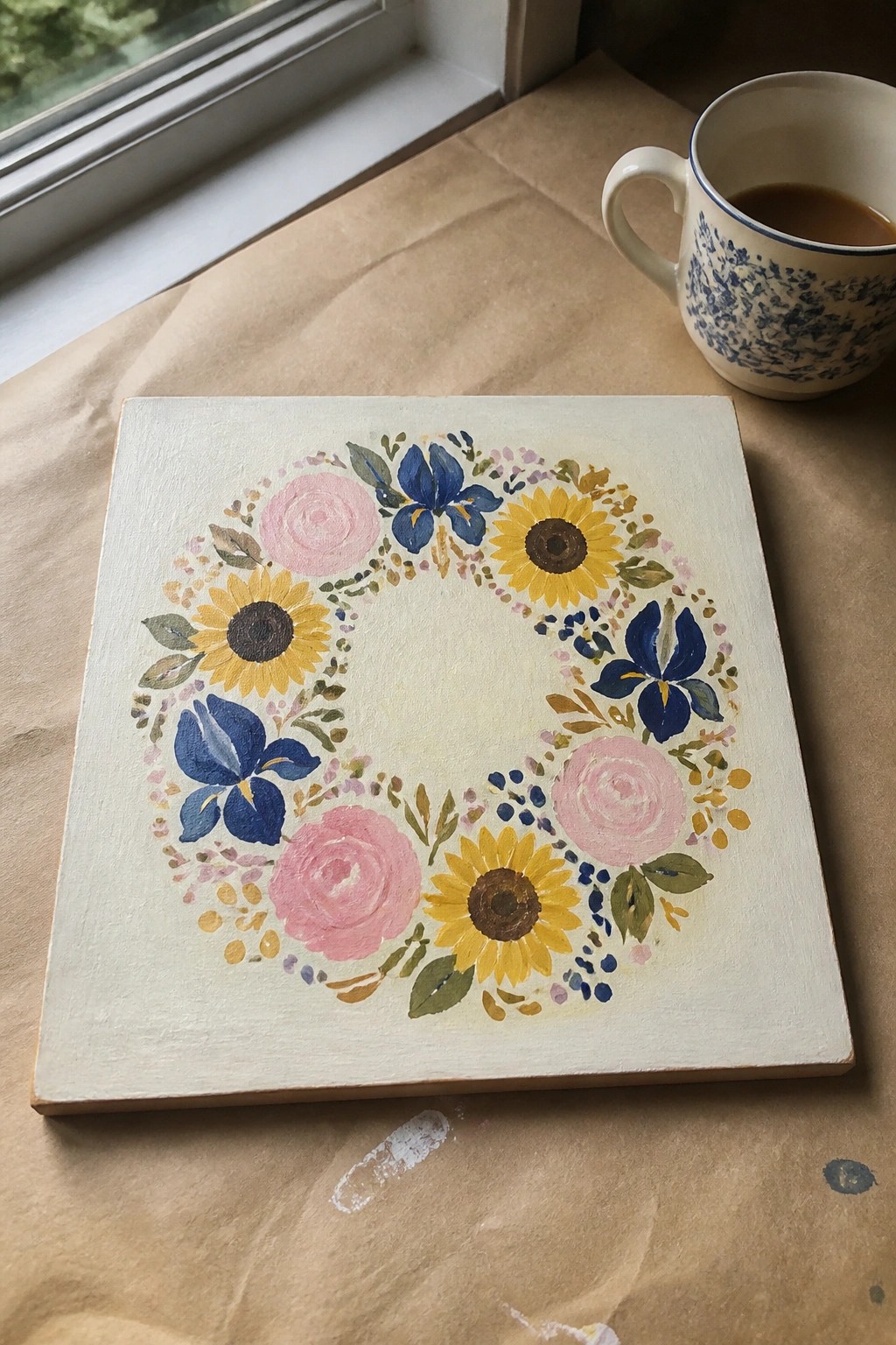 Square canvas with colorful floral wreath painting beside patterned coffee mug on paper