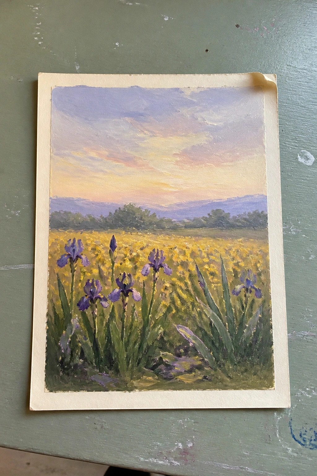 Oil painting of purple irises in yellow meadow under colorful sunset sky with hills.