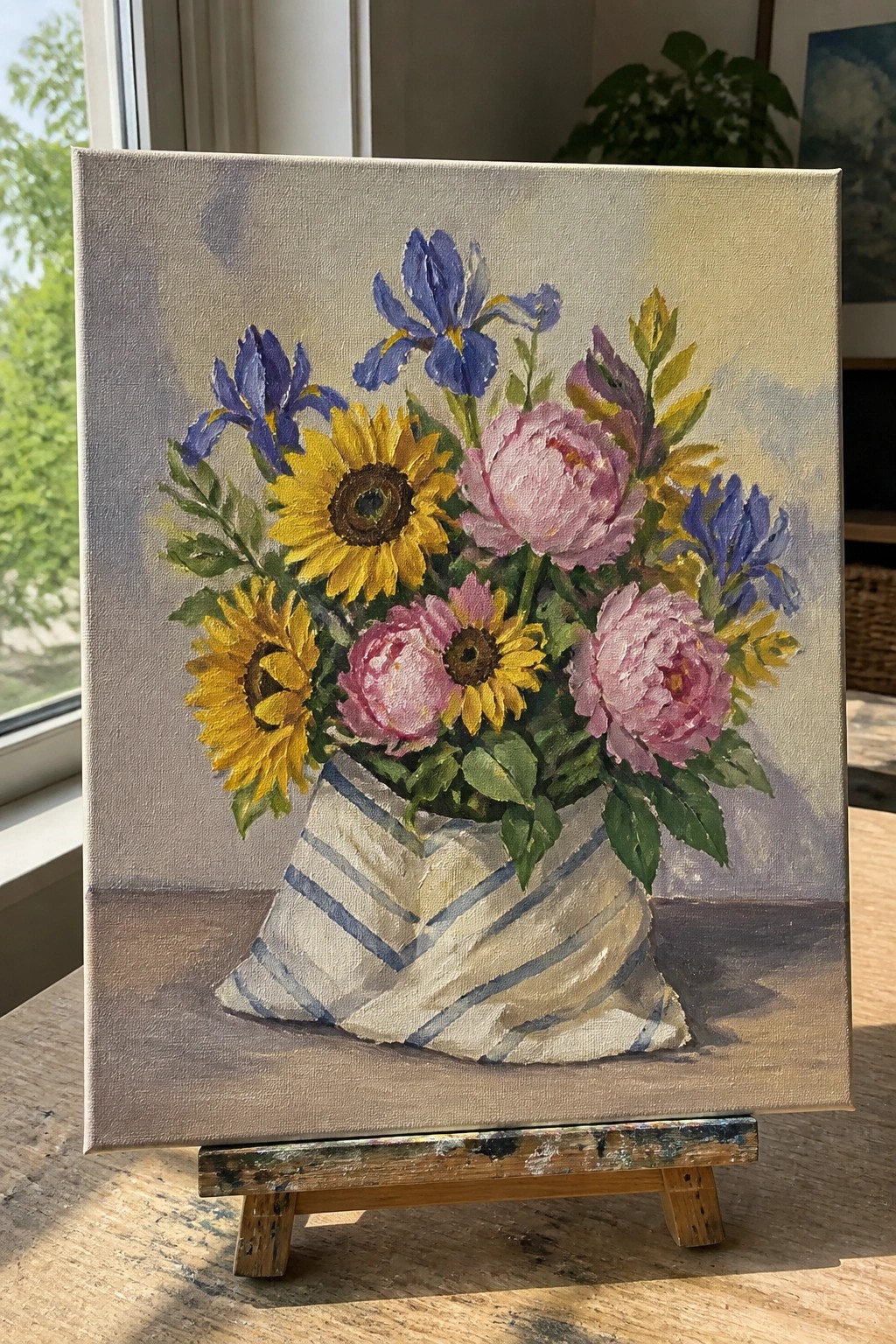 Oil painting of sunflowers, pink peonies, and blue irises in striped bag on easel.