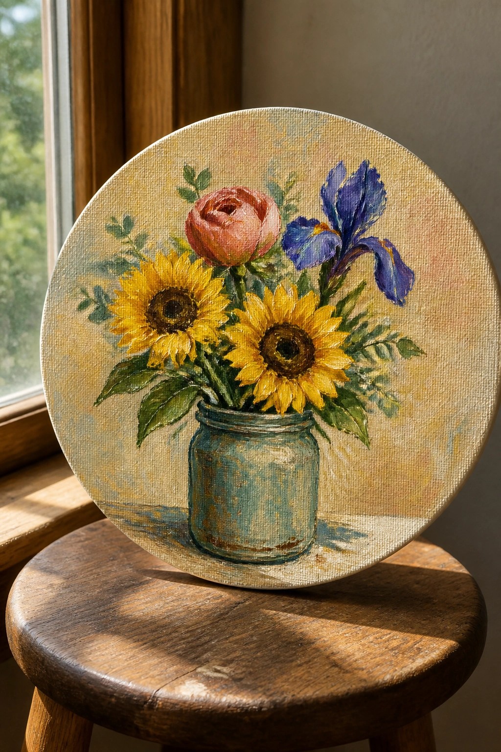 Circular canvas painting of sunflowers, rose, and irises in blue jar on wooden stool