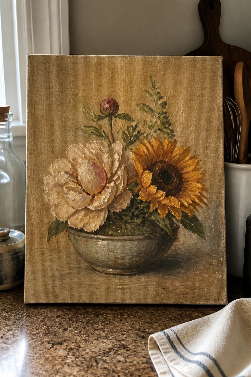 Painting of cream peony and yellow sunflower in metal bowl on counter
