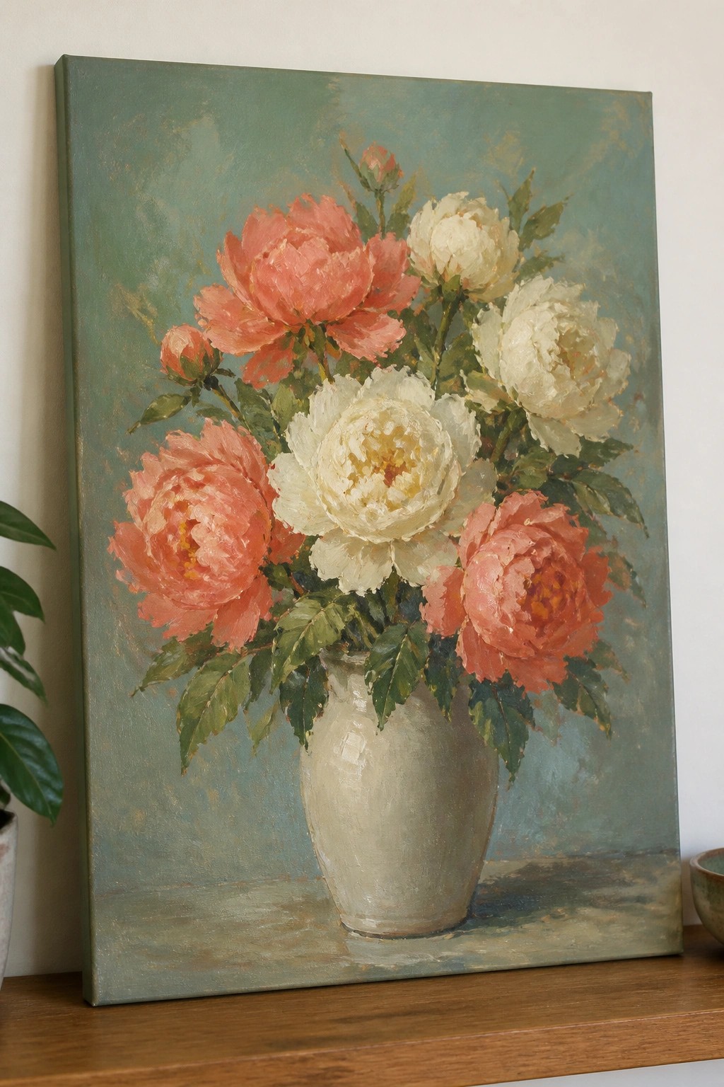 Oil painting of coral and white peonies in a white vase on wood