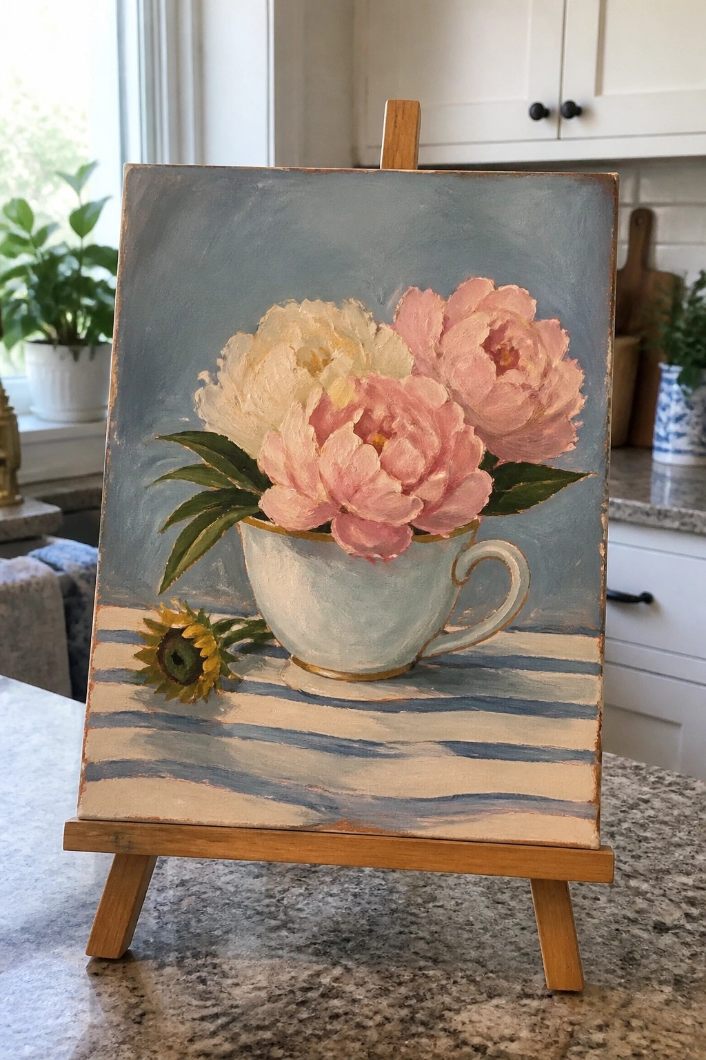 Painting of pink peonies in blue teacup on striped cloth beside sunflower