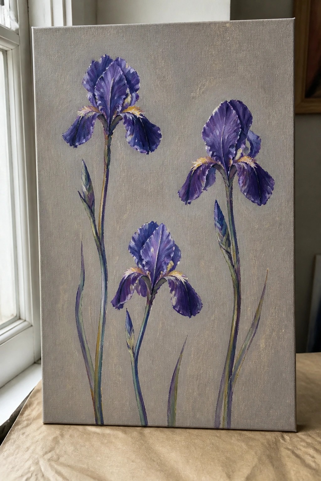 Three purple irises painted on canvas against a muted gray background.