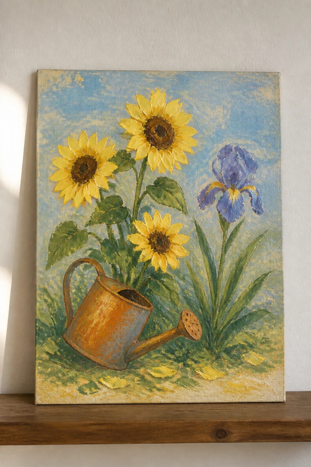 Sunflowers, blue iris, and rusty watering can in a grassy garden painting.
