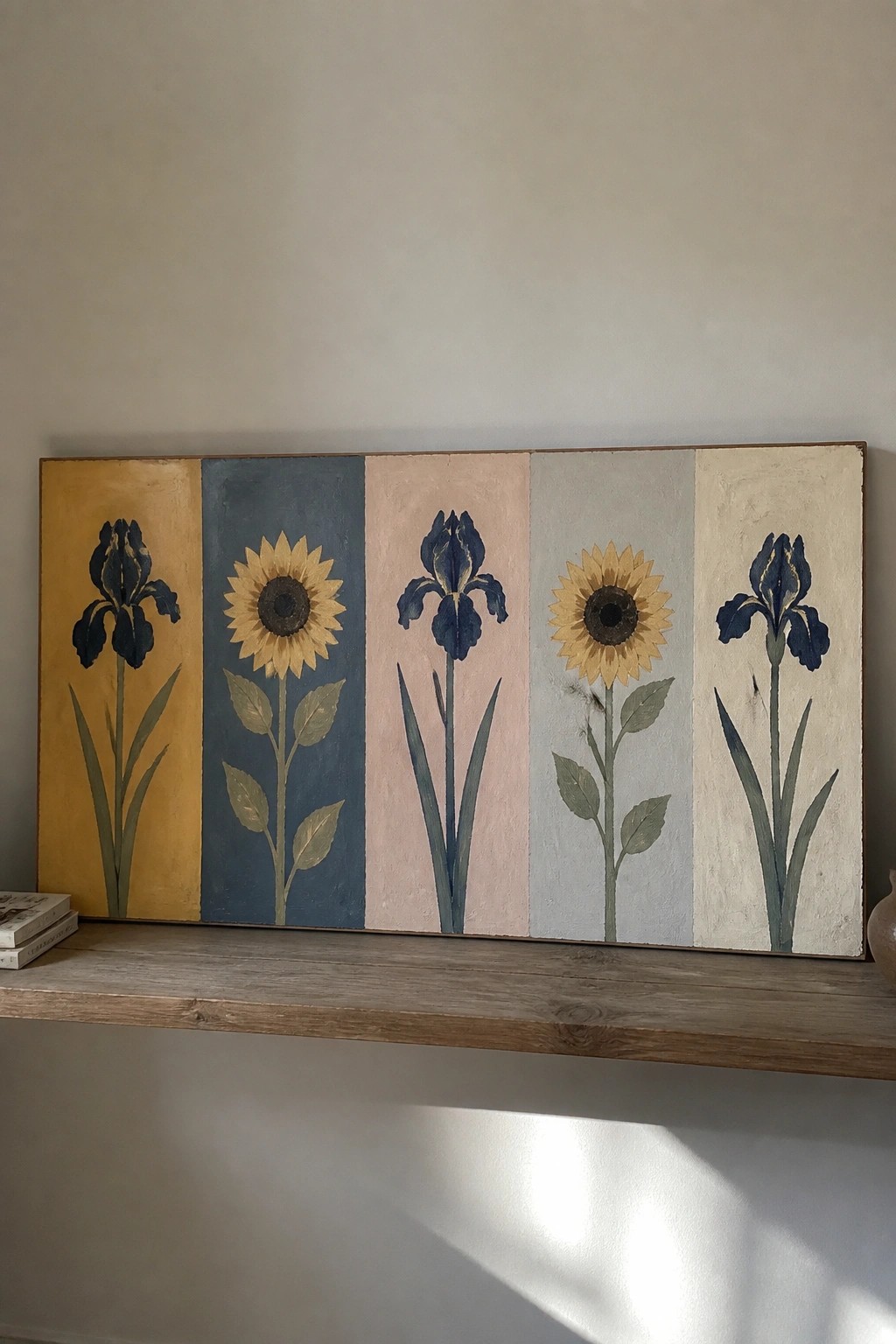 Wooden panel divided into five vertical sections with irises and sunflowers on colored backgrounds