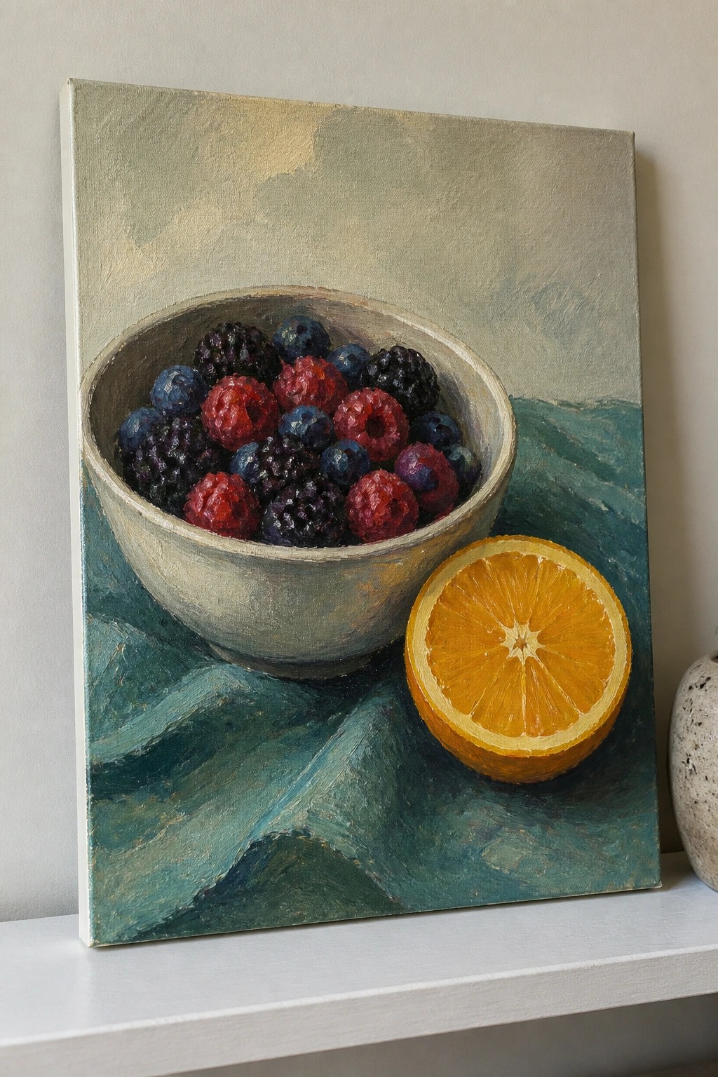Still life oil painting of a bowl with mixed berries beside a halved orange.