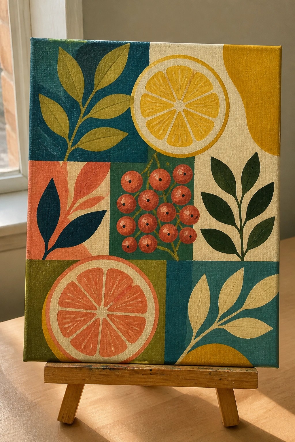 Colorful geometric canvas painting of citrus slices, berries, and leaves on easel.