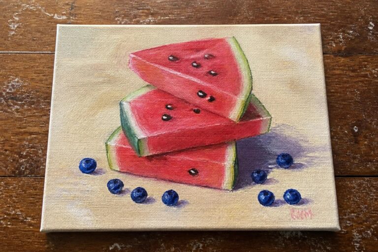 Three stacked watermelon slices with scattered blueberries on a canvas still life.