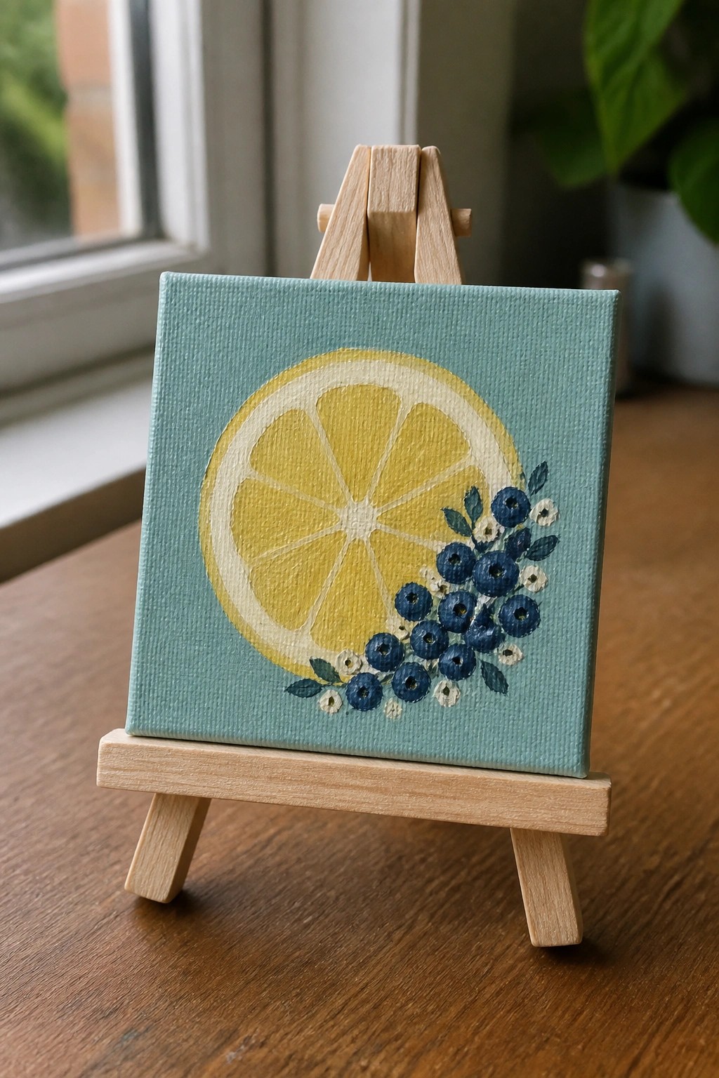 Small canvas on wooden easel with lemon slice and blueberries on teal background