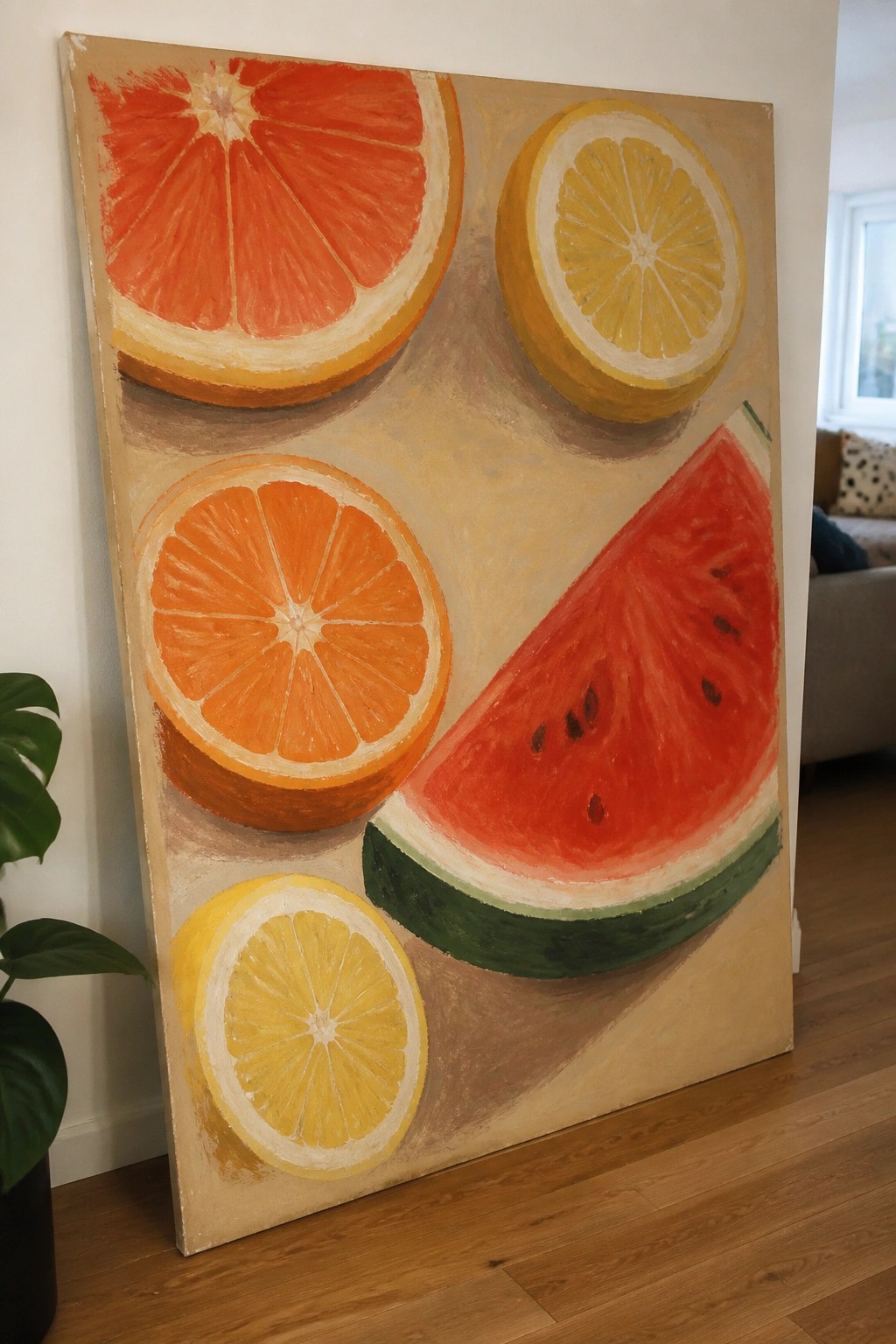 Vivid painting of grapefruit, orange, lemon slices and watermelon wedge leaning on wall