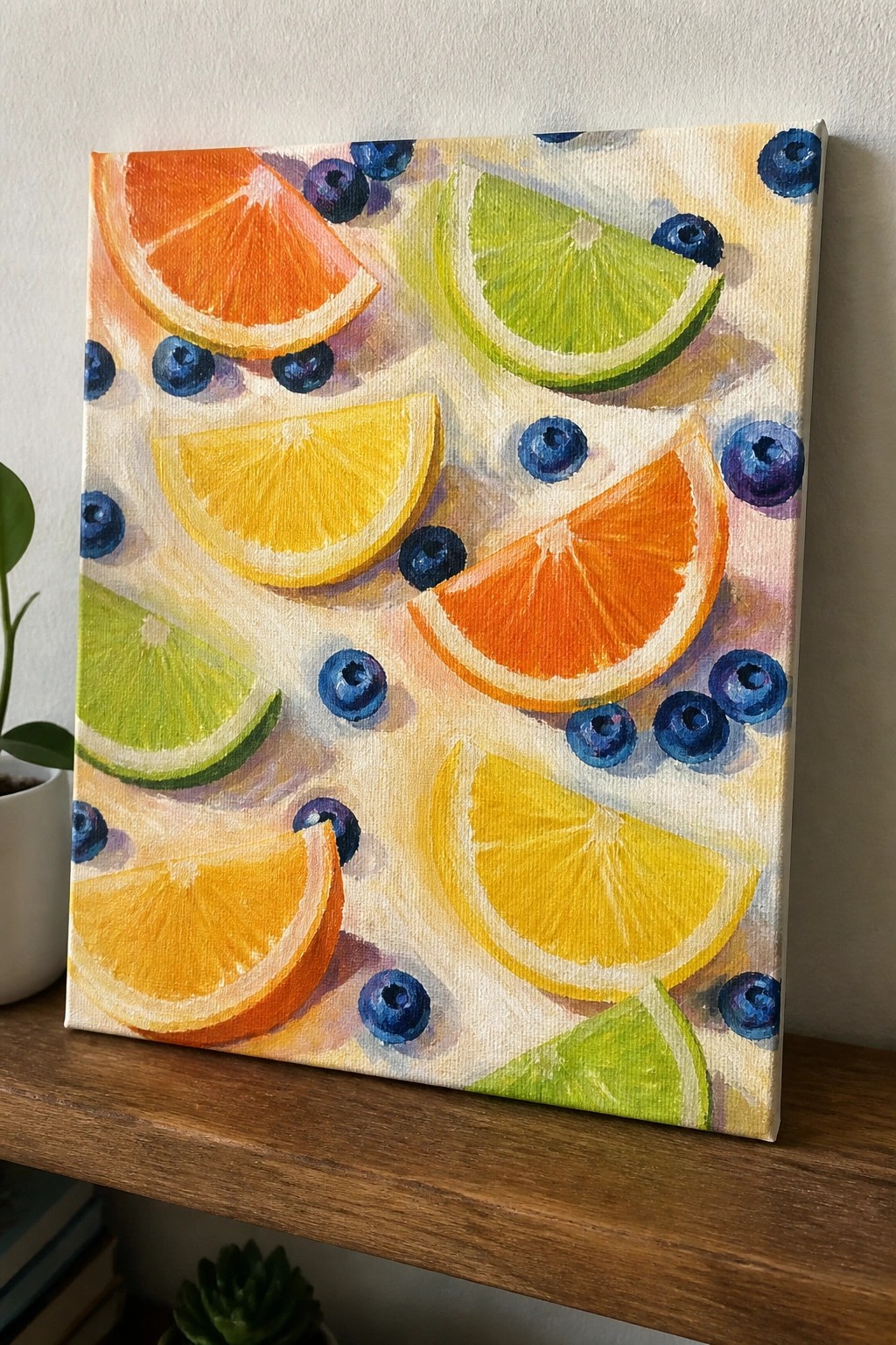 An oil painting of citrus slices and blueberries scattered across a light background.