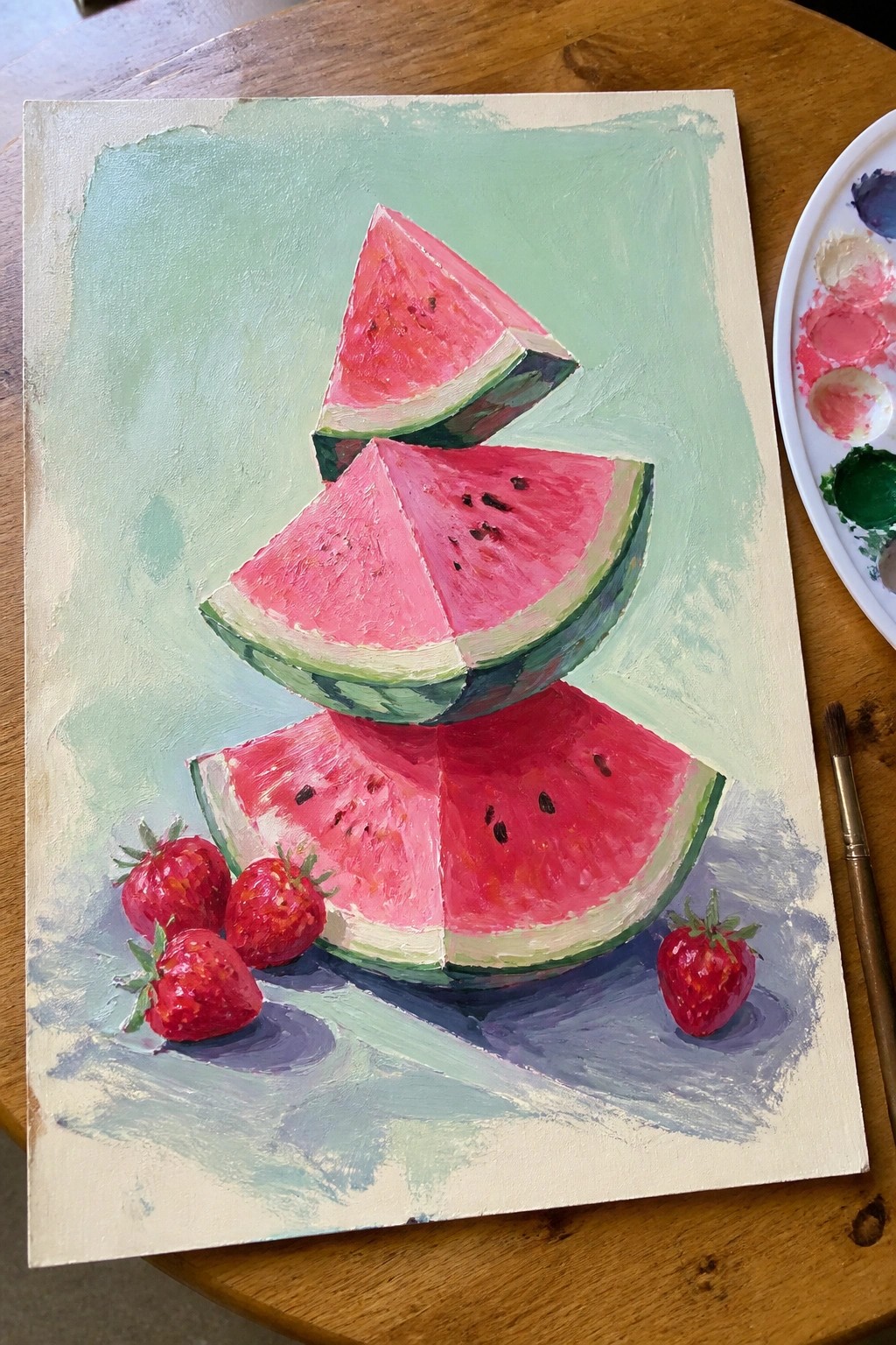 Painting of stacked pink watermelon slices with strawberries, paint palette on wooden table