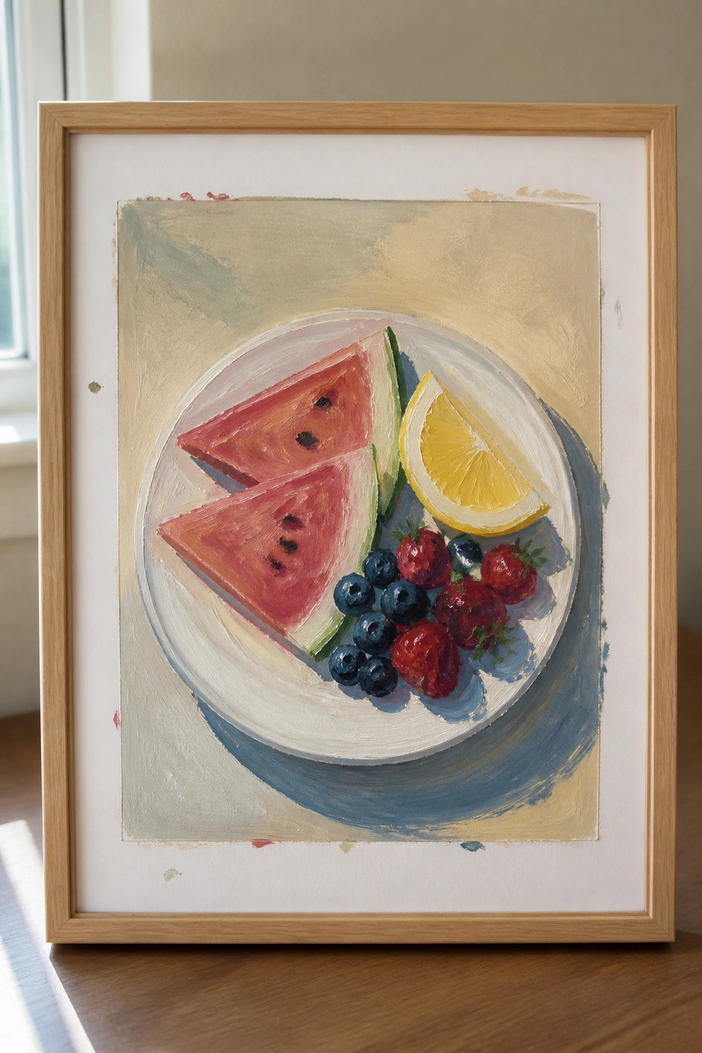 A framed oil painting shows watermelon slices, a lemon wedge, strawberries, and blueberries arranged on a white plate with a blue shadow on a beige background.