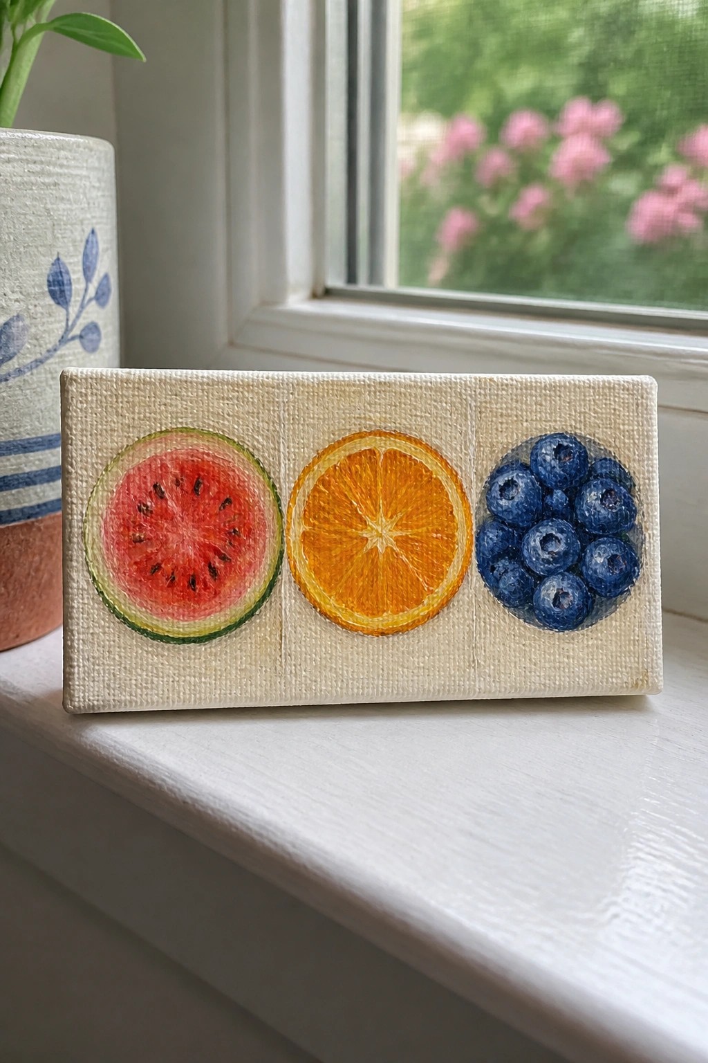 Miniature canvas with watermelon, orange slice, and blueberries on white windowsill
