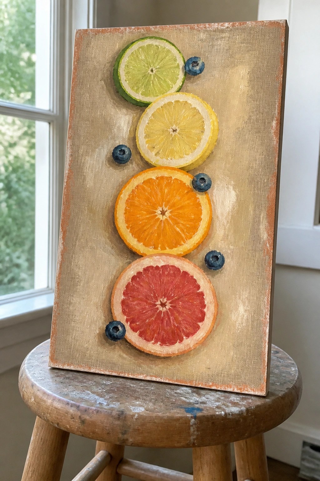 Canvas painting of citrus slices and blueberries on a wooden stool.