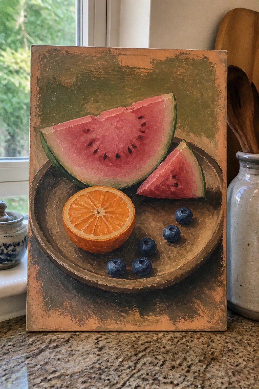 Still life painting of watermelon slices, orange half, and blueberries on a plate