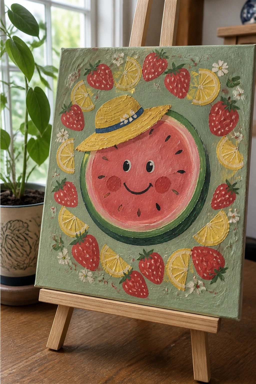 Cute smiling watermelon with yellow hat, surrounded by strawberries, lemons, and flowers on green.