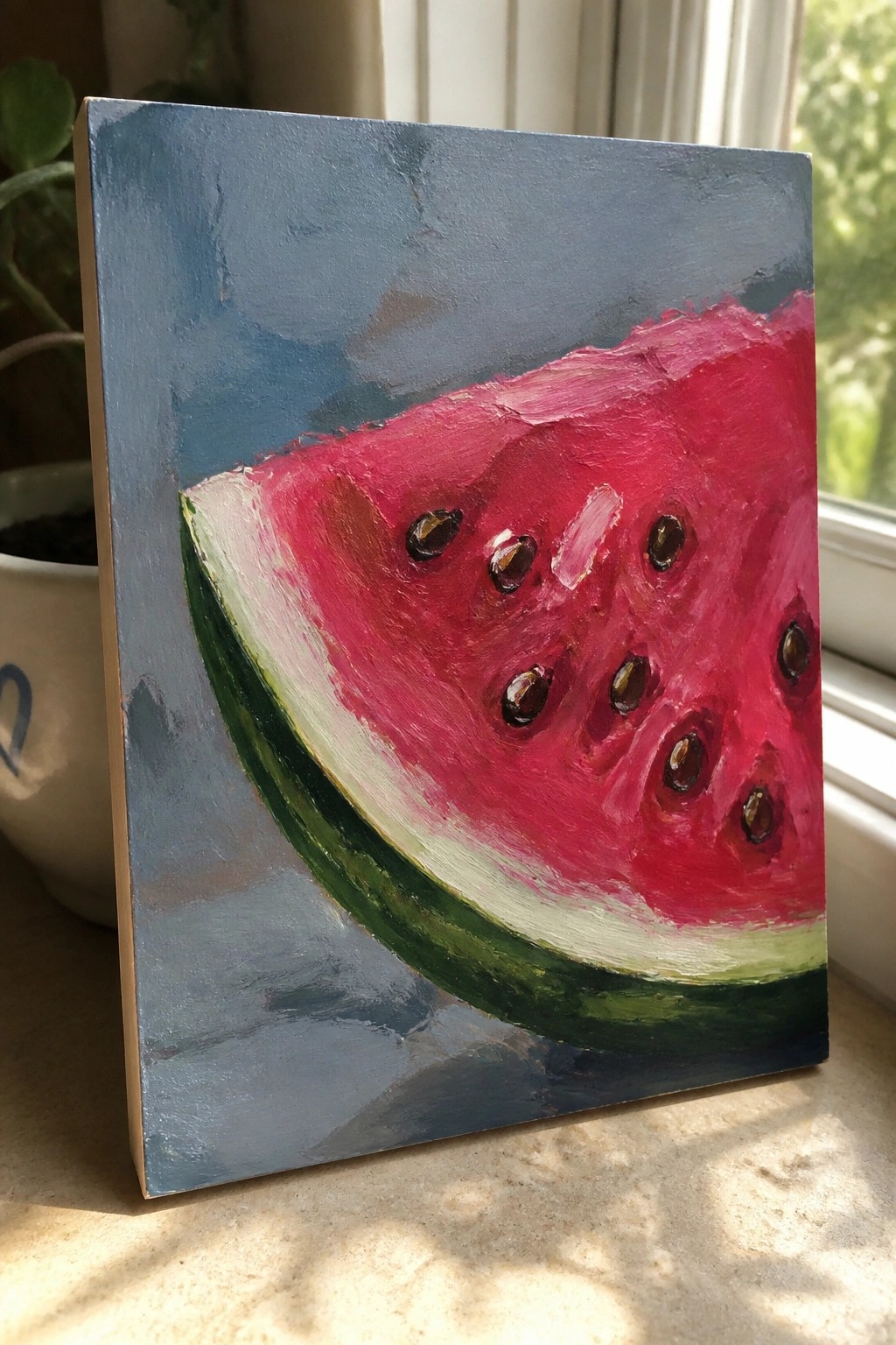 Textured painting of watermelon slice with pink flesh, seeds, and green rind on blue background