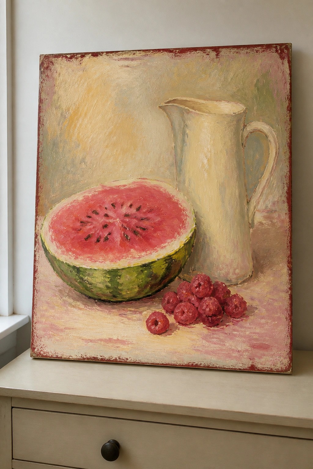 Still life painting of watermelon slice, white pitcher, and raspberries on canvas