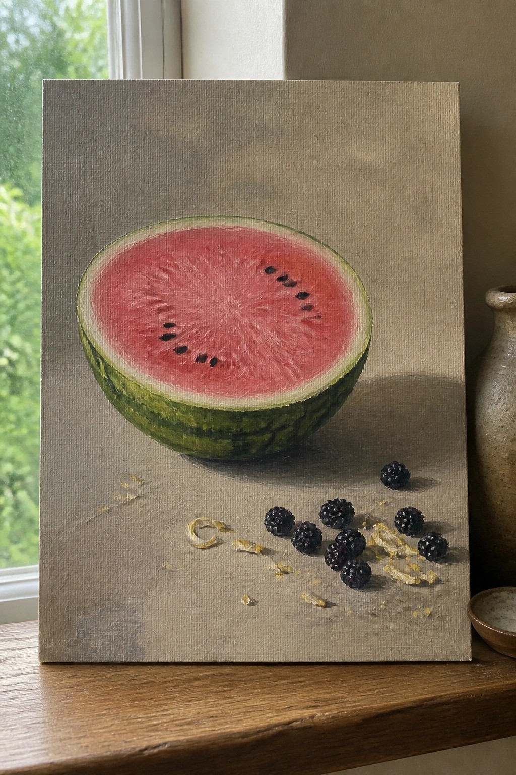 Still life painting of watermelon half with blackberries on canvas ledge by window.
