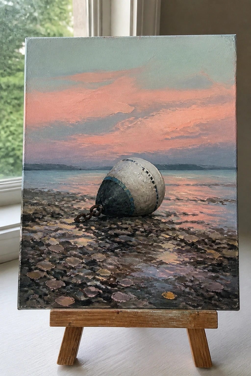 Painting of buoy with chain on rocky beach under orange-pink sunset sky on easel.