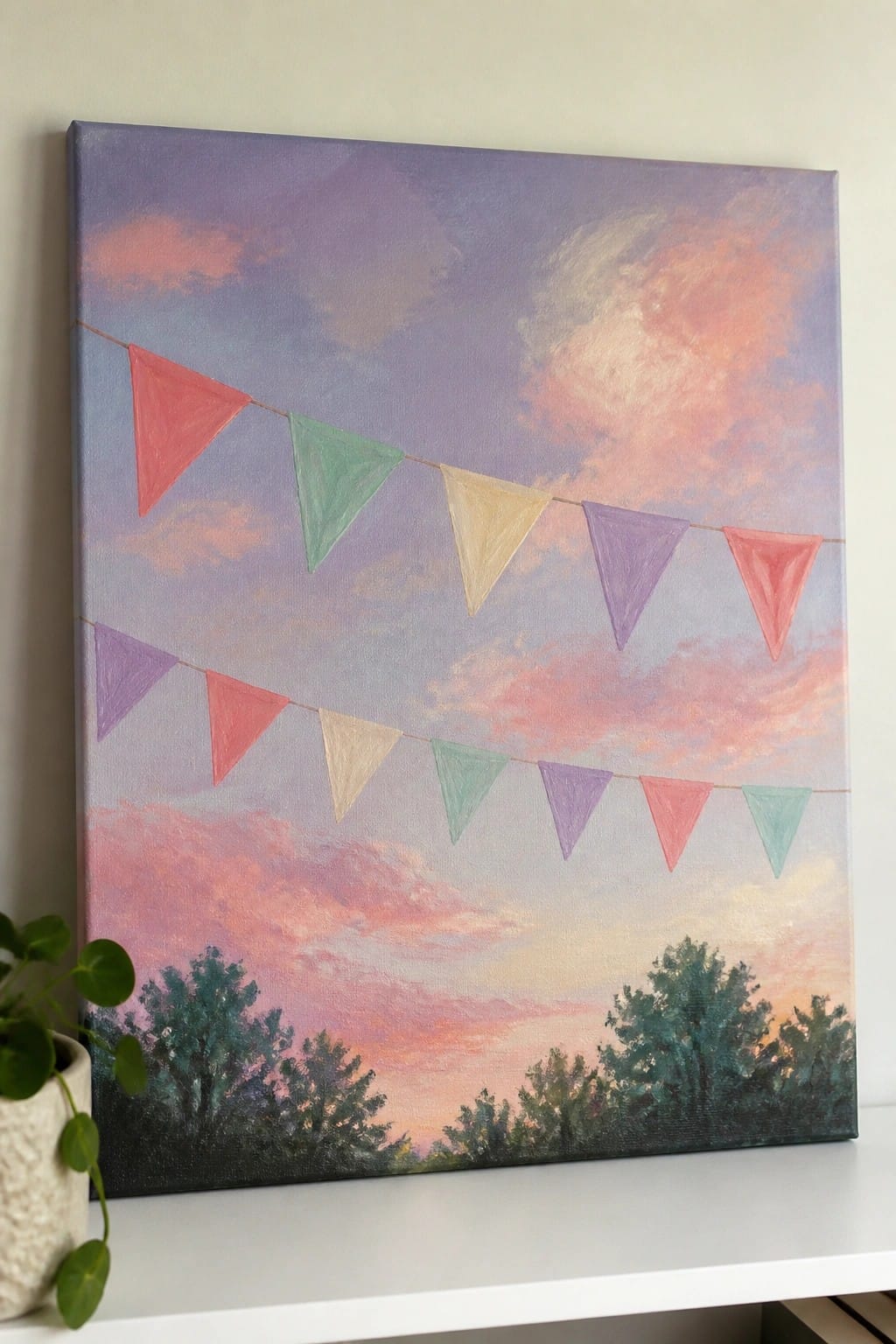 Colorful bunting flags hang across a purple-pink sunset sky above silhouetted trees.