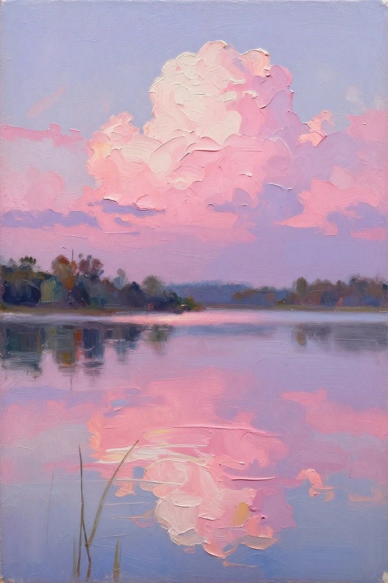Impressionistic oil painting of pink cloud reflected in calm lake at dusk.