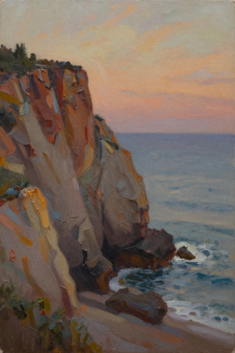 Sunset over rocky cliffs with orange-brown tones beside blue ocean waves