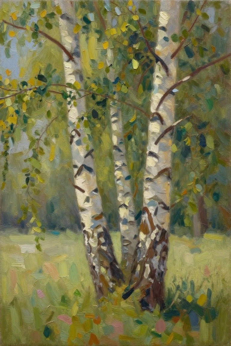 Impressionistic oil painting of white birch trunks amid green and yellow foliage.
