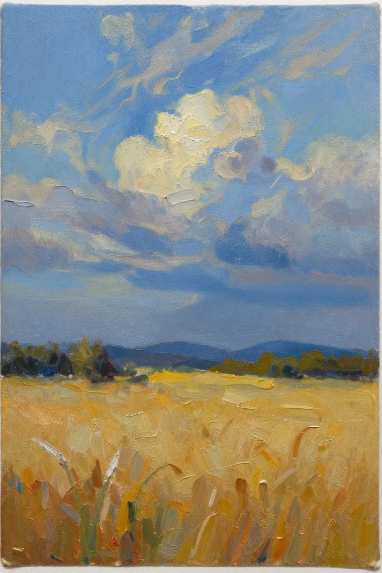 Impressionistic oil painting of golden wheat field under blue sky with white clouds and hills