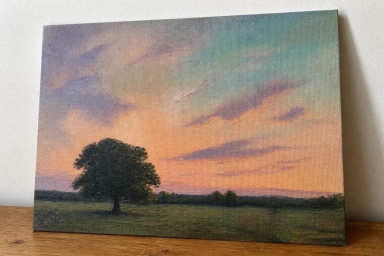 24 Gorgeous Sky Oil Painting Ideas Inspired by Soft Summer Evenings Lone tree in grassy field beneath vibrant pink and blue sunset sky on canvas.
