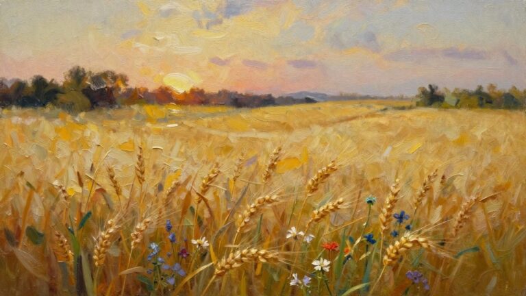 Golden wheat field at sunset with wildflowers and distant tree in oil painting style